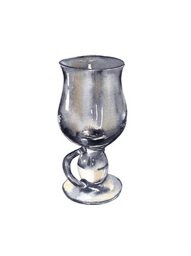 Empty transparent glass for mulled wine on the stem. Watercolor illustration isolated on a white background.