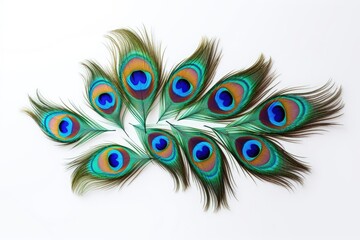 Obraz premium Exquisite peacock feathers on a white background with room for text