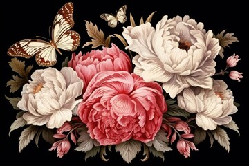 Exquisite vintage floral arrangement with peonies roses and tulips - obrazy, fototapety, plakaty