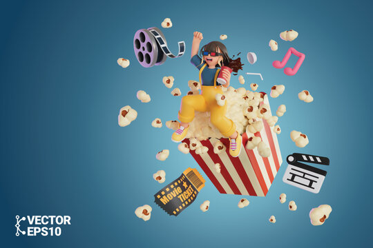 vector eps woman wearing 3d glasses watching a movie in theater and her popcorn scattered