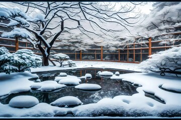 Beautiful snowy Japanese Zen garden viewed from inside panorama window room in winter.