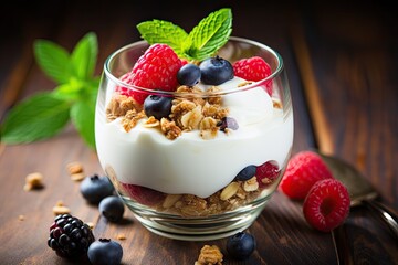 Focus on selective healthy morning meal yogurt with granola or muesli and fresh berries - obrazy, fototapety, plakaty