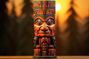 A carved Native American totem isolated on a sunset gradient background 