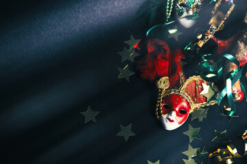  happy Mardi Gras background. carnival masks, confetti and serpentine,  holiday card. parade Shrove...
