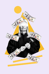 Vertical collage picture of black white colors judge hands hold hammer patch covered eyes flying dollar bills isolated on creative background