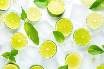 Fresh limes mint and ice cubes arranged on white background