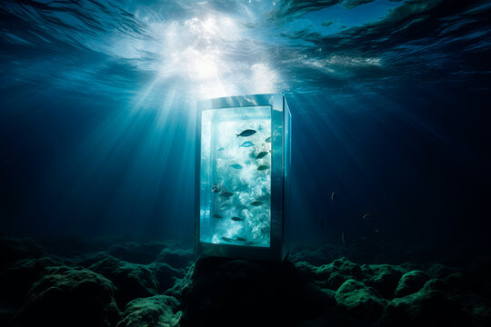 Generative AI illustration of wild fish in transparent box swimming underwater representing concept of environmental pollution