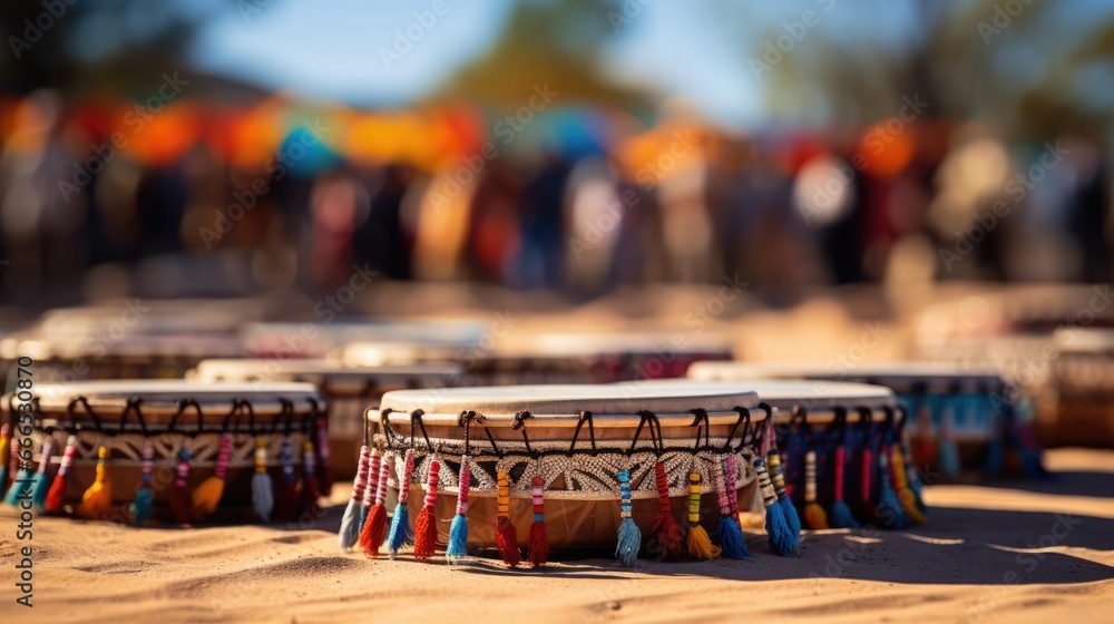 Aufkleber captivating pow wow drum circle in action background with empty space for text
