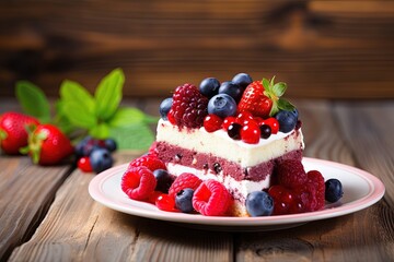 Fruit filled raspberry cake on wooden background Text space available