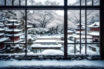 Beautiful snowy Japanese Zen garden viewed from inside panorama window room in winter.