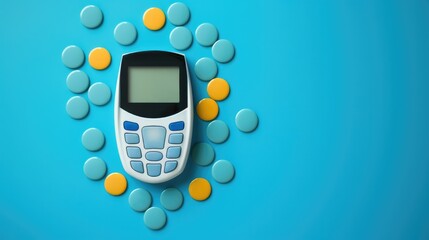 Diabetes medication and glucose meter background with empty space for text 