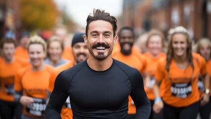 Fototapeta premium Diverse group participating in a charity run for Movember awareness 
