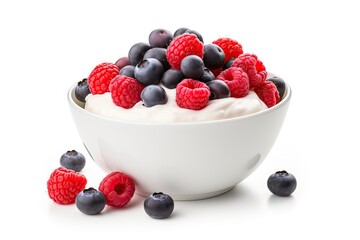 Greek yogurt and fresh berries in a white bowl