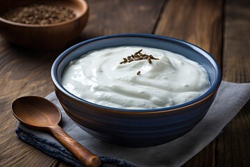 Fototapeta na wymiar Greek yogurt served in a ceramic bowl with wooden spoons on a rustic background