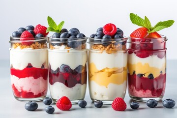 Greek yogurt parfait in jars with various fruits on white background selective focus - Powered by Adobe