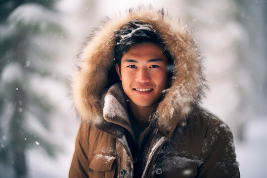 Generative AI illustration of portrait of asian male in casual warm clothes standing and looking at camera while smiling against blurred background in snowy day in winter