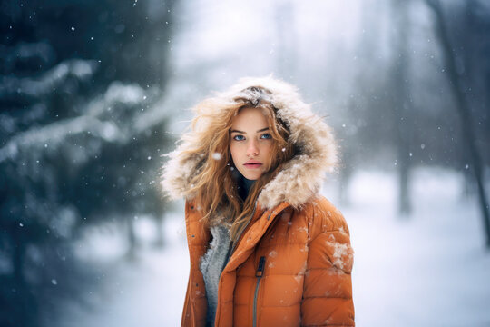 Generative AI illustration of redhead female with blue eyes in casual warm clothes standing and looking at camera against blurred background in snowy day in winter