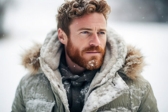 Generative AI illustration of portrait of redhead male with blue eyes in casual warm clothes standing and looking away against blurred background in snowy day in winter