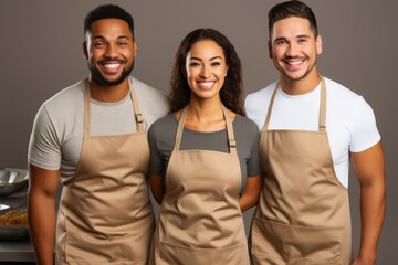 Group of volunteers serving food isolated on a gradient background  - obrazy, fototapety, plakaty