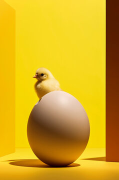generative AI of Chick next to a large egg on a bright background
