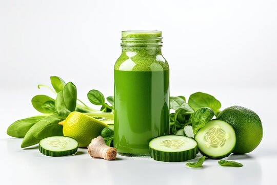 Green vegetable smoothie detox drink containing cucumber apple lime and spinach packed in a natural organic bottle for healthy weight loss diet or fasti