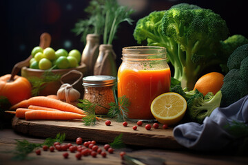 Smoothie in a glass jar on the table with fruits and vegetables