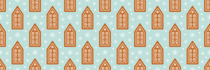 Fototapeta na wymiar Christmas seamless pattern with gingerbread. Holiday winter background with gingerbread houses. Flat vector illustration.