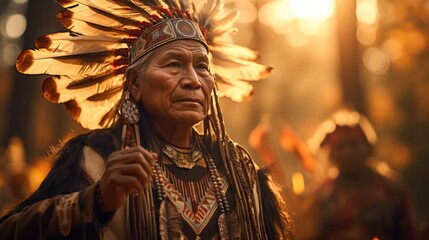 Native American tribal chief in traditional ceremonial regalia performing ancestral dance  - obrazy, fototapety, plakaty
