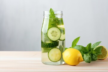 Healthy detox water with cucumber lemon basil and mint Ideal for fitness diet and proper nutrition Space for text