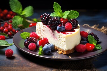 Healthy organic summer dessert featuring homemade cheesecake fresh berries and mint a pie like cheese cake