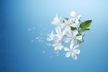 High resolution image of a white Jasmine flower isolated on a blue background symbolizing levitation or zero gravity