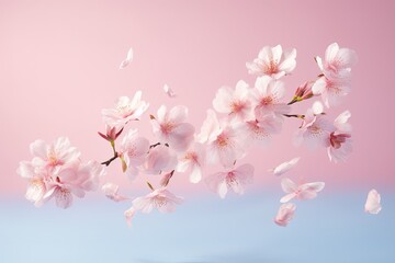 High resolution image of pink flowers levitating on a pastel pink background capturing the essence of spring