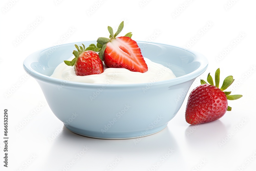 Sticker Isolated white background blue bowl of yogurt with beautiful strawberries Light from strawberries on yogurt