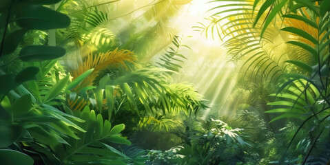 Illustration of tropical fern bushes background lush green foliage in the rain forest with nature plant tree.