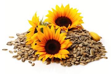Isolated mixture of pumpkin sunflower and flax seeds on white background with clipping path