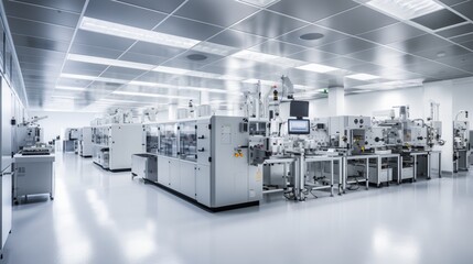 An immaculate clean room housing an array of precision machinery used in semiconductor fabrication