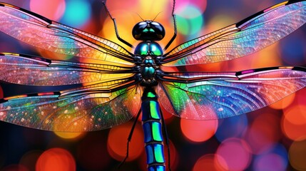 A close-up of a dragonfly's iridescent wings, each wing displaying a mosaic of vibrant colors. The wings are detailed down to the individual veins.