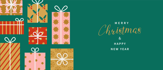 Obraz na płótnie Canvas Merry Christmas and Happy New Year banner. Trendy modern minimalist geometric design with Christmas gifts on green background. Horizontal poster, holiday cover, greeting card.
