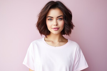 Obraz premium Beautiful girl in a white T-shirt with long hair on a pink background