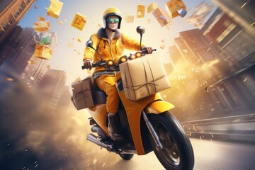 Fast delivery of package service with a fast moving van or motorcycle on cityscape, Generative AI