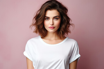 Fototapeta premium Beautiful girl in a white T-shirt with long hair on a pink background