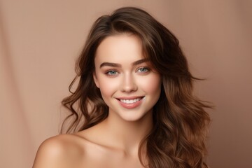 Fototapeta premium Close-up portrait of yong woman casual portrait of aucasian Asian, african american portrait woman on pastel background , Generative AI