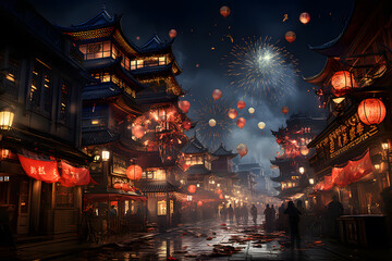 Chinese street in new year evening ai generated art. 