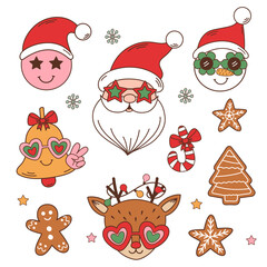 set of isolated groovy retro Santa, reindeer, snowman, bell, gingerbread - 666532648
