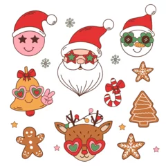 Foto op Plexiglas set of isolated groovy retro Santa, reindeer, snowman, bell, gingerbread © nataka