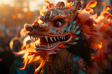 Fototapeta premium Woman with mask of dragon celebrated chinese new years ai generated art 