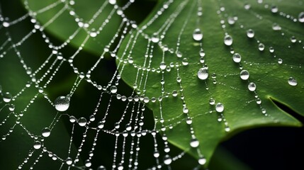 A close-up of a spider's web glistening with dewdrops. The delicate silk threads form an intricate, symmetrical pattern against a backdrop of lush green foliage. - obrazy, fototapety, plakaty