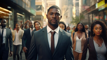 imagine african business men and women from the back in an african place of a modern african city - obrazy, fototapety, plakaty
