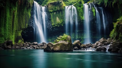 Obraz premium Waterfall in autumn forest background, Generative AI