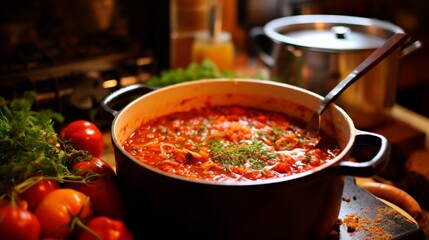a bubbling pot of homemade tomato sauce, simmering on a stove, with herbs and spices in the foreground - obrazy, fototapety, plakaty